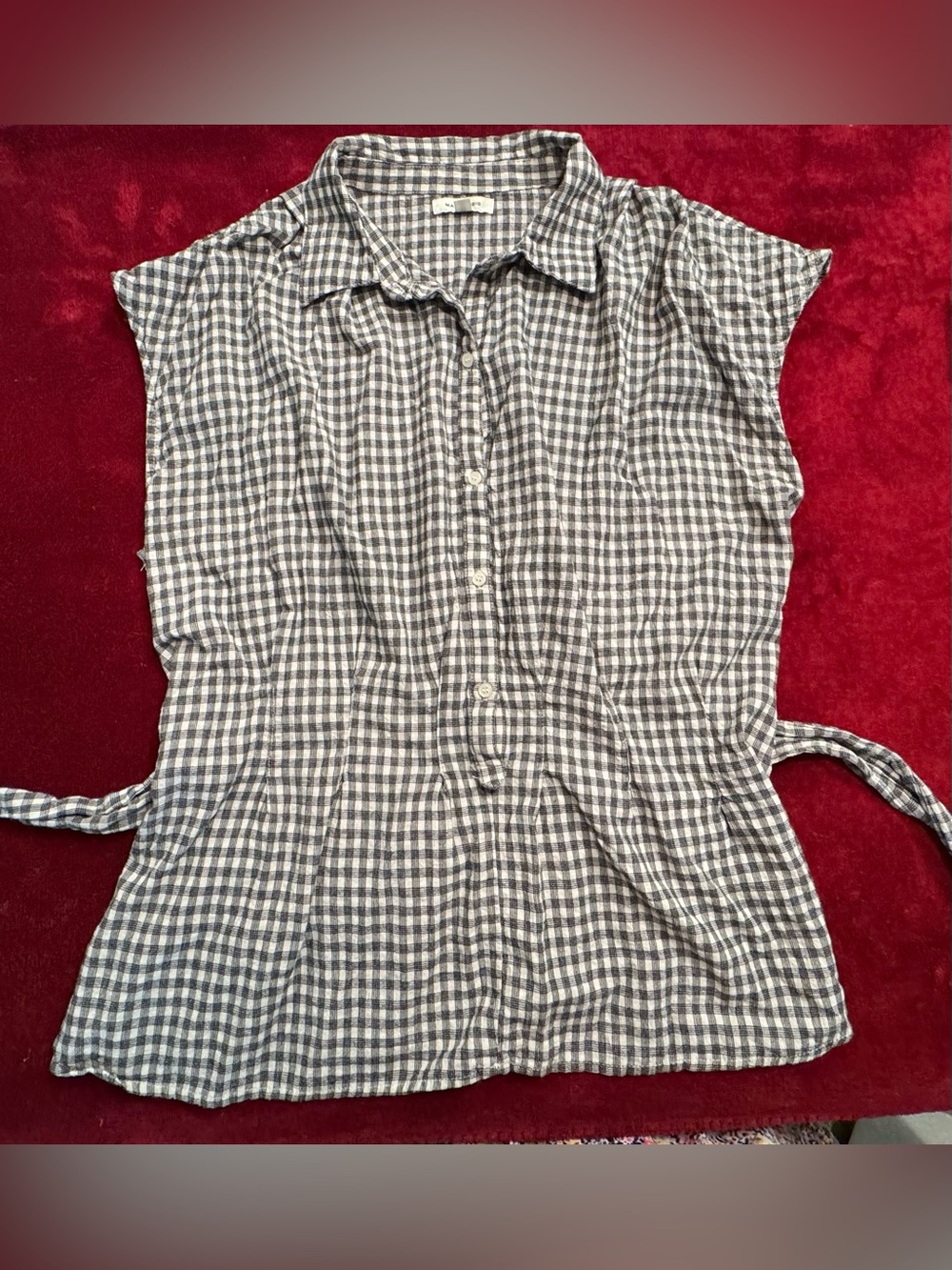 Max Studio Navy and White Gingham Tie-Side Button Down Top